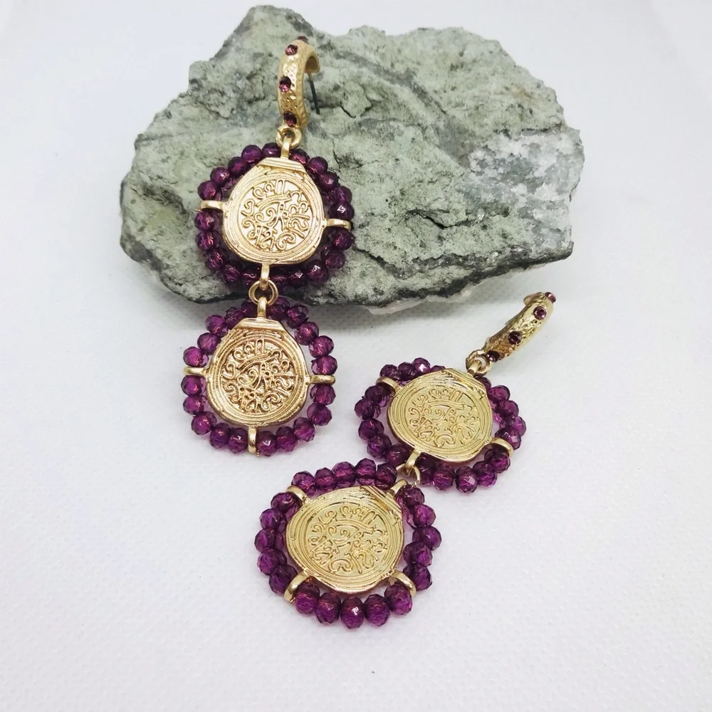 NEW Zara Purple Beaded Gold Coin Drop Earrings - Picture 4 of 4